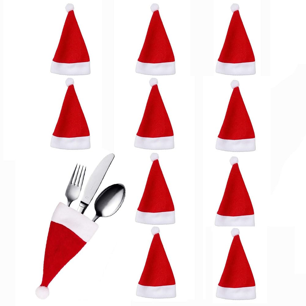 Yahpetes Santa Hats 10 Pcs Christmas Cutlery Holders 2.4" x 4.7" Christmas Wine Bottle Hats Cute Santa Claus Lollipop Wraps Hats For Xmas Wedding