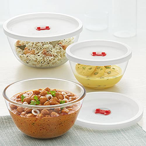 Borosil Basic Glass Mixing & Serving Bowls with Lids, Microwave Safe Bowls, Set of 3 (500 ml, 900 ml, 1.3 L), Borosilicate Glass, Transparent ,Solid