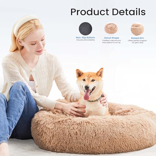 Image of NEWBULIG Round Donut Dog Bed, 30.7x30.7 Inch Large Sized Beds for Indoor Cats and Dogs with Washable Cover, Anti-Slip, Super Soft Durable Fabric, Brown
