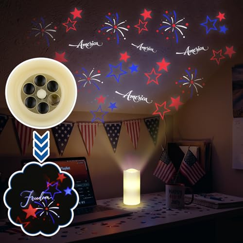 Image of 4th of July Flameless Candle Patriotic Projector Light 250th Anniversary Decoration LED Candle Battery Operated Night Light with Remote Timer Independence Day Memorial Red White Blue Table Decor