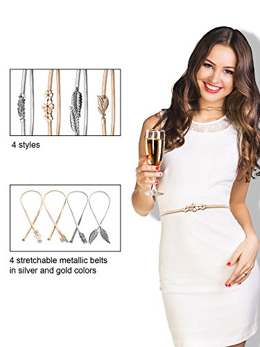 4 Pieces 27'' Women Elastic Waist Belt Stretch Metal Dress Belt for Women, Silver and Gold4