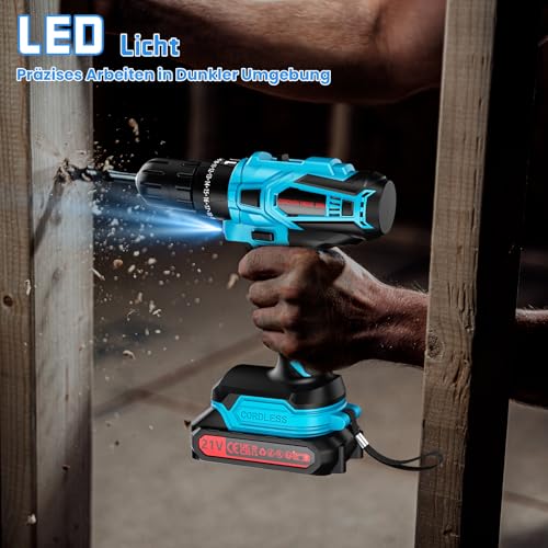 Miniatura 7 de Taladro Percutor a Bateria 21V,Taladro Atornillador Bateria con 2x2.0Ah Baterías, 45Nm Atornillador Electrico,25+3 Ajuste de Par, 2 Velocidad, LED Luz, para en casa y jardín,bricolaje
