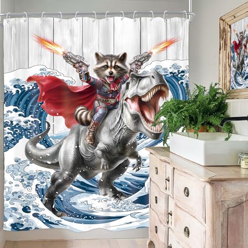 Image of Funny Raccoon Riding Dinosaur Shower Curtain Kids 60Wx72H Inch Decor