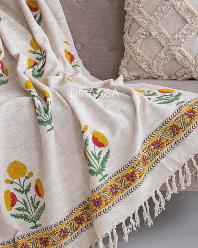 Image of Floral Cotton Throw Blanket for Sofa- 50x70 Inch Handblock Print Sofa Throw - Boho Fringe Decorative Blanket for Couch, Bed & Living Room - Diwali Gift, Rakhi Gift for Sister (R-HBTH00110)