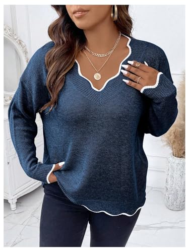 Image of MakeMeChic Women's Plus Size Scalloped Trim Cozy Sweater Cute Pullover | V Neck, Long Sleeve, Oversized, Comfy, Light, Fall Sweaters