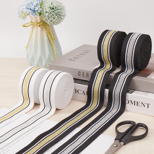 GORGECRAFT 4.3m 40mm Wide Silver and White Striped Elastic Band Black Flat Stretchy Webbing Sewing Knitting Strap Trim Ribbon for DIY Craft Waistband Headband Bags Garments Accessory - Image 4