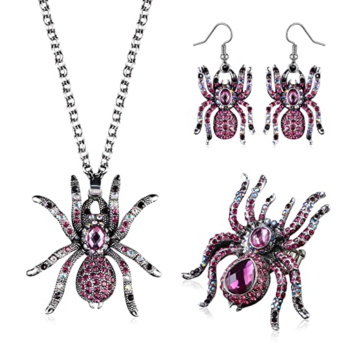 Cunno 3 Sets Halloween Costume Spider Jewelry Accessories with Crystal Rhinestones Creepy Spider Pendant Necklace Dangle Earrings Stretch Rings Gothic for Women