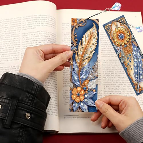 Image of 4-Pack 5D Diamond Painting Bookmarks Kit, DIY Diamond Art Bookmarks with Rhinestones and Tassels, Bohemian Unique Flower and Feather Designs, Handmade Bookmark Set for Adults, Gift for Book Lovers