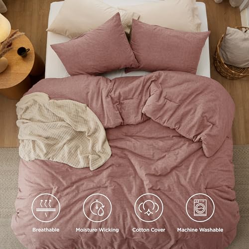 Image of Bedsure Comforter Set Queen Size - Cotton Fabric with Microfiber Inner Fill, Pink Clay PureWoven Soft Bed Set for All Seasons, 3 Pieces, 1 Comforter (90 inch x 90 inch) and 2 Pillow Cases (20 inch x 26 inch)
