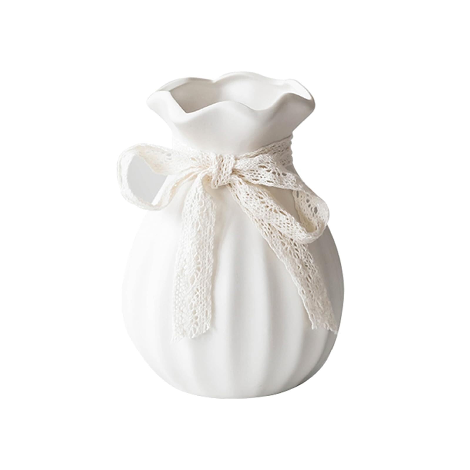 Jarrón de flores decorativo blanco con lazo de encaje ideal para regalo