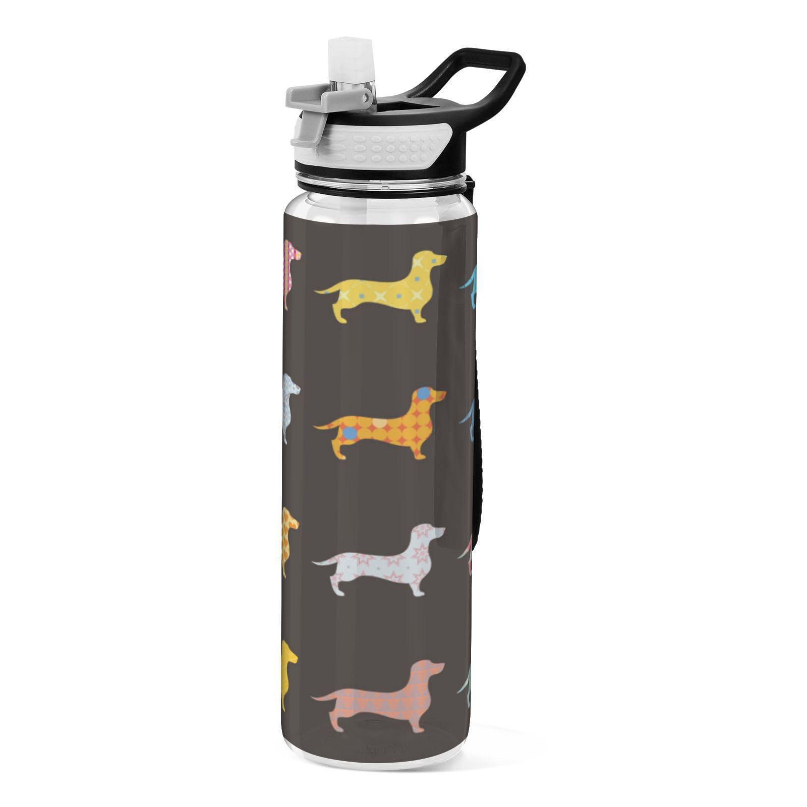 GuoChe Póster decorativo de perros salchicha doble abatible Tritan motivacional botella de agua gimnasio botella de bebidas con popote transparente hervidor para deportes guardería campamento