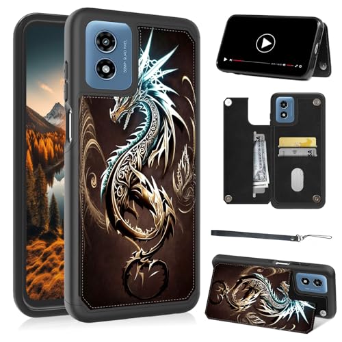 AIRWEE Wallet Case for Motorola Moto G Play 4G 2024 6.5", Gold Dragon PU Leather Flip Cover with RFID Blocking Card Holder, Shockproof Stand Protective Case & Lanyard