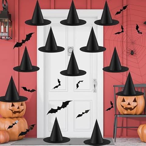 Tmflexe 12pcs Halloween Witch Hats + 12pcs 3D Bats Stickers - Costume Accessories for Parties, Cosplay, Carnivals, Holidays Cover