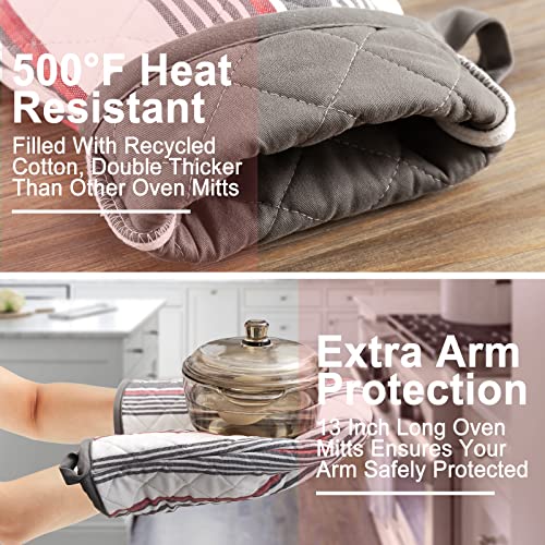Quiltina Oven Mitts And Pot Holders And Potholders Mitts Super Value 6Pcs Set, Recycled Cotton High Heat Resistant 500 Degree Extra Long Oven Mitts For Kitchen Cooking And Baking, Red Striped #TOP1