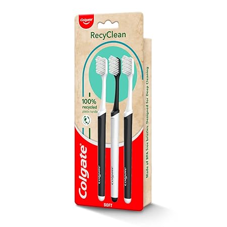 Colgate RecyClean adult Toothbrush, Manual, Recycled and Planet-Friendly, 3 Pcs, Multi-Color