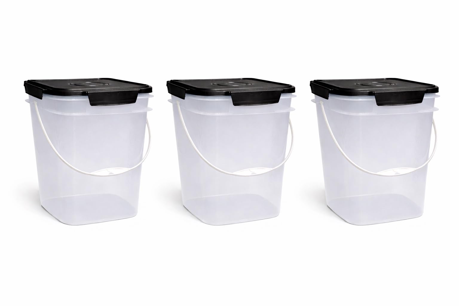 House Naturals 4 Gallon Square Food Grade Bucket Pail with Plastic Handles and Lid (Pack of 3) (Clear - Black lids)