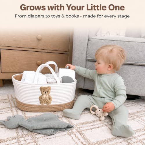 Image of Baby Diaper Caddy Organizer, Teddy Bear Cotton Rope Nursery Basket