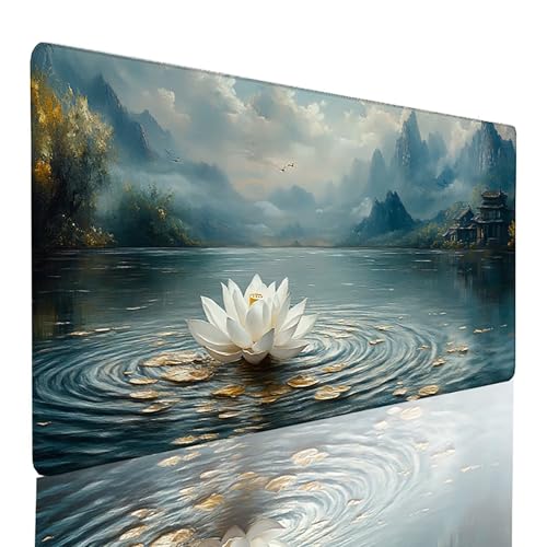 Tapis de souris gaming XXL grand format 700x400mm Lotus bleu, sous-main élégant pour set de bureau
