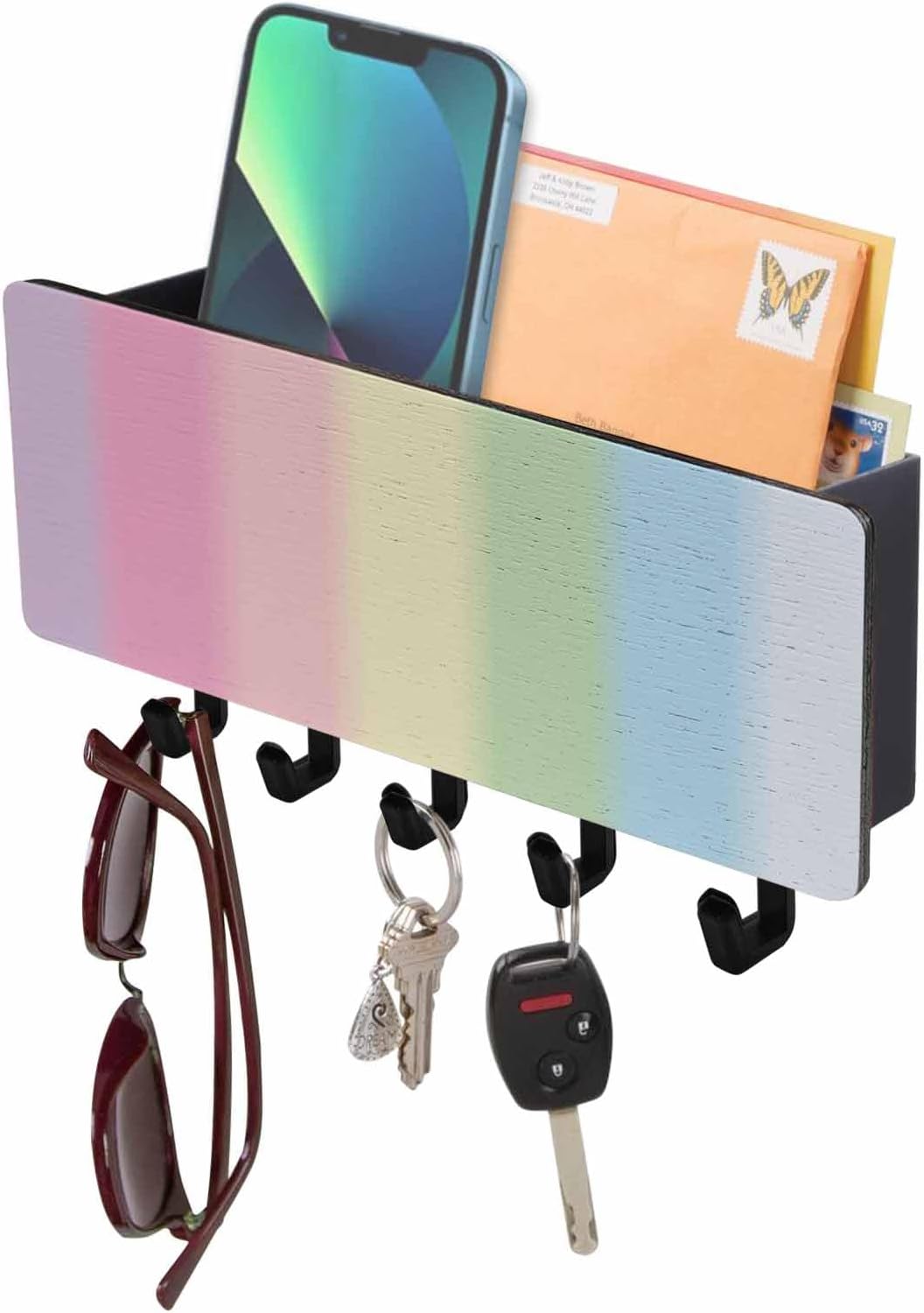 Ombre Rainbow Key Holder Wall Mount,Abstract Colorful Geometric Stripes Black Hanging Mail Organizer with 5 Key Hooks Wall Decorative Adhesive Rack with Shelf for Hallway Kitchen Farmhouse Entryway