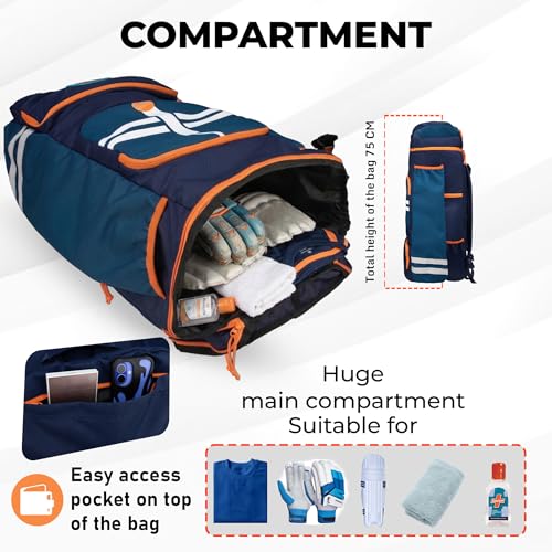 Image of WHACKK Warne 81L Cricket Kit Bag Backpack|Spacious Compartment with Dual Bat, Shoe /Helmet Pockets|Lightweight & Durable Sports kit Bag Navy Orange