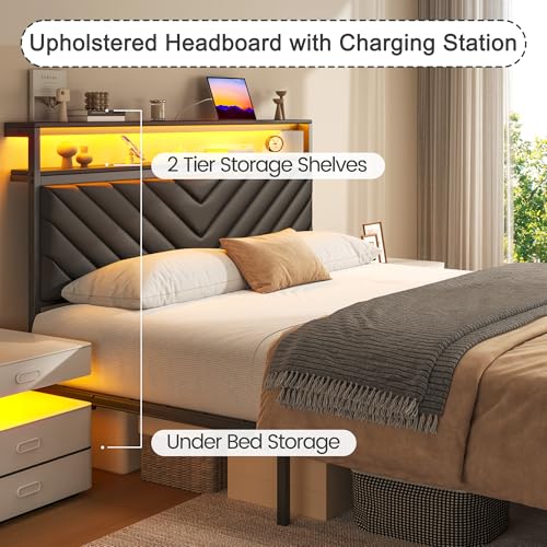 Image of Fluest Twin Bed Frame with Storage Drawers, Upholstered Headboard with Charging Station, LED Lights, Fabric Drawers with Wheels, Under Bed Storage, No Box Spring Needed, Easy Assembly, Black