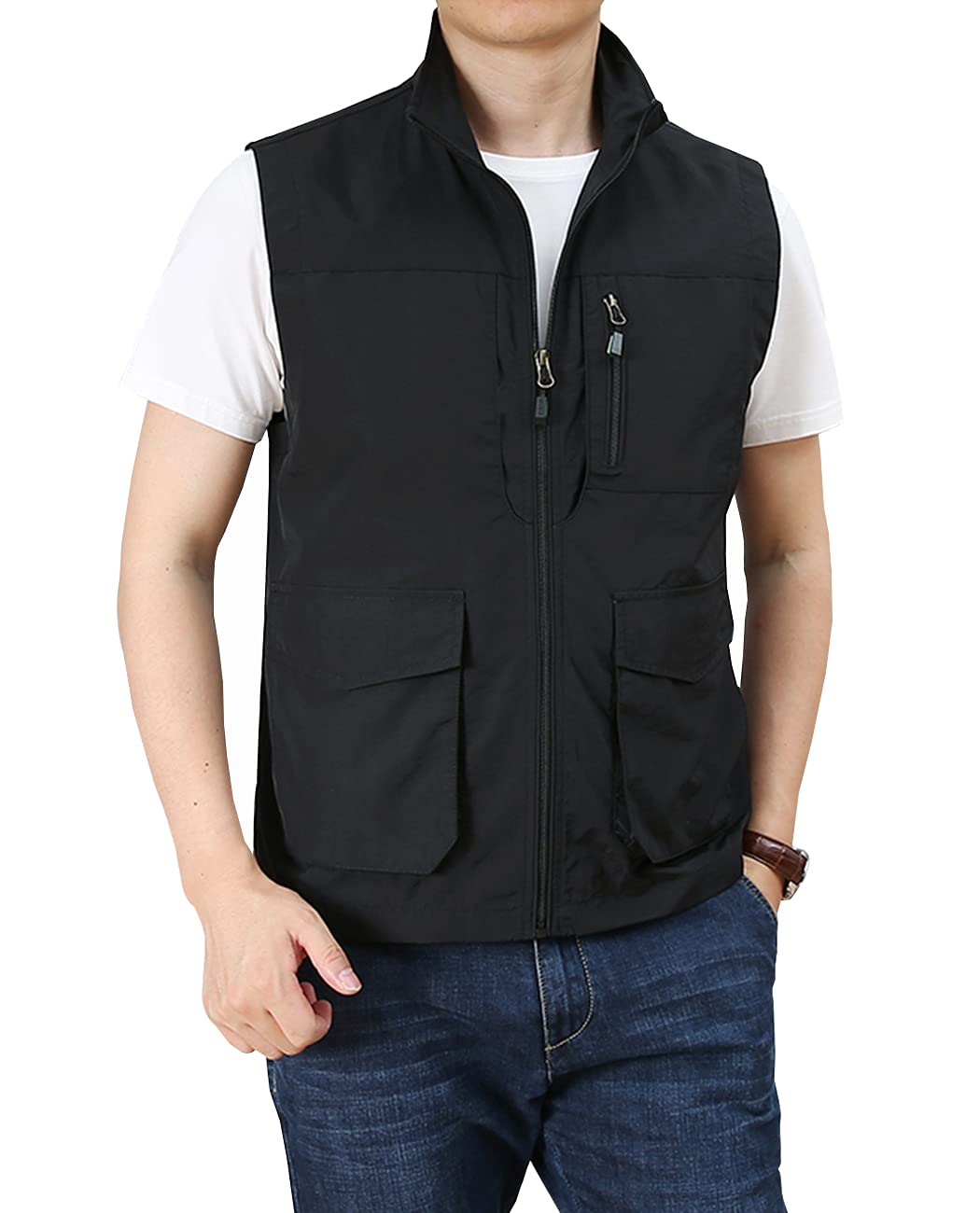 Hixiaohe Men's Casual Lightweight Outdoor Vest Work Fish Photo Travel Golf Vest Zip up Sleeveless Jacket with Pockets