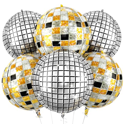 Image of 6pcs 22 Inch Multicolor Disco Ball Balloons, Silver Big Disco Balloons, Black Silver Gold 4d Large Foil Aluminum Balloon For Birthday Baby Shower 70s 80s 90s Theme Party Wedding Engagement Graduation