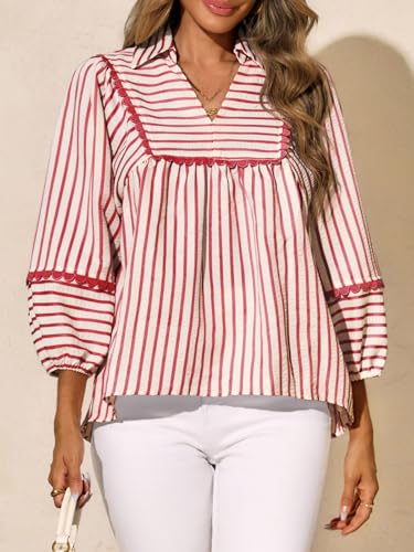 Tankaneo Womens Striped Babydoll Tops Oversized 3/4 Sleeve Peplum Blouse Loose Fit Pleated Cute Shirts4