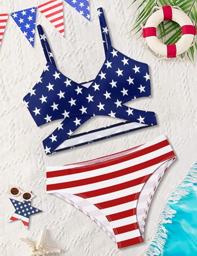 Image of Girls Swimsuit Bikini Set,Criss Cross Bathing Suits for Girl Two Piece Solid Color Girls' Swimwear for 7-16 Years
