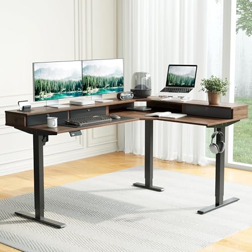 Image of FEZIBO L-Shaped Electric Standing Desk, 63 x 48 Inches Height Adjustable, Reversible Tabletop, Corner Desk with Drawers, Ergonomic Computer Table, Black Walnut Top