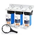 Aquaboon Whole House 3-Stage Water Filter System - 1x Activated Carbon Filter & 2x Sediment Filters for Well Water & 10x4.5 Water Filter Housing w/Wrench, White Iron Bracket & Pressure Gauge & Release