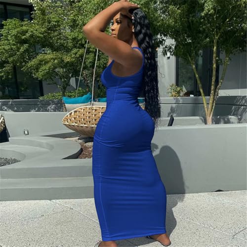 Image of Nimsruc Women Casual Sexy Deep U Neck Tank Top Bodycon Dress Summer Sleeveless Wrap Long Basic Party Club Maxi Dresses