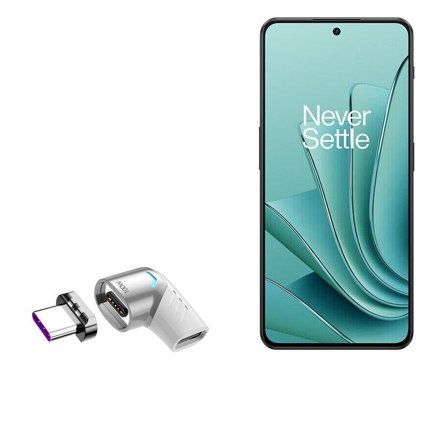 BoxWave Adapter Compatible with OnePlus Ace 2V - MagnetoSnap PD Angle Adapter, Magnetic PD Angle Charging Adapter Device Saver - Metallic Silver
