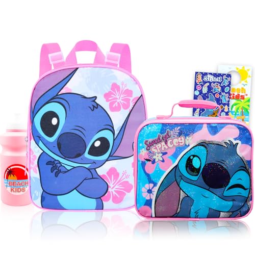 Disney Stitch Mini mochila com conjunto de lancheira – Pacote com 11 mochilas escolares, lancheira, garrafa de água, adesivos, mais | Conjunto de mochila Stitch e lancheira para meninas, crianças