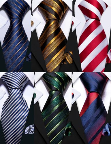 Image of Barry.Wang 6 PCS Men Ties Set Silk Business Fashion Woven Necktie Handkerchief Cufflinks Paisley Stripe Wedding Party