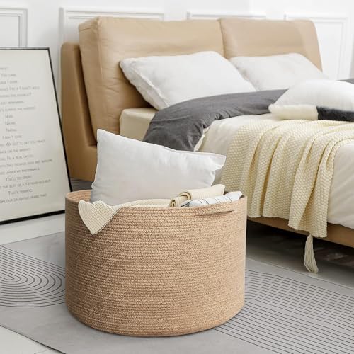 Image of MEGASKET Large Wicker Storage Basket, 22 inch X 22 inch X 14 inch Woven Cotton Rope Basket, Kids Dog Toy Bin Organizer, Blanket Pillow Holder for Living Room, Brown Variegated Wicker Baskets for Organizing