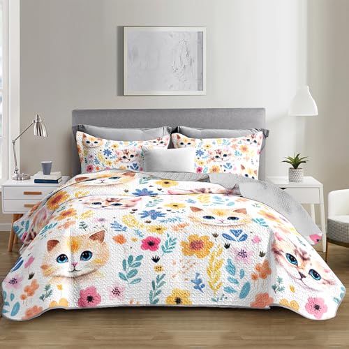UEVBF Kawaii Cat Quilt Set,Orange Cat Flowers Pattern Bed Set for Toddler Kids Girls Room Decor,Cute Bedding King Quilted Sets with 2 Pillowcases.