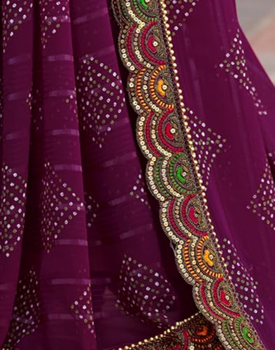 Image of SIRIL Women's Bandhani Printed Georgette Sequence Lace Scalloped Border Saree with Unstitched Blouse Piece