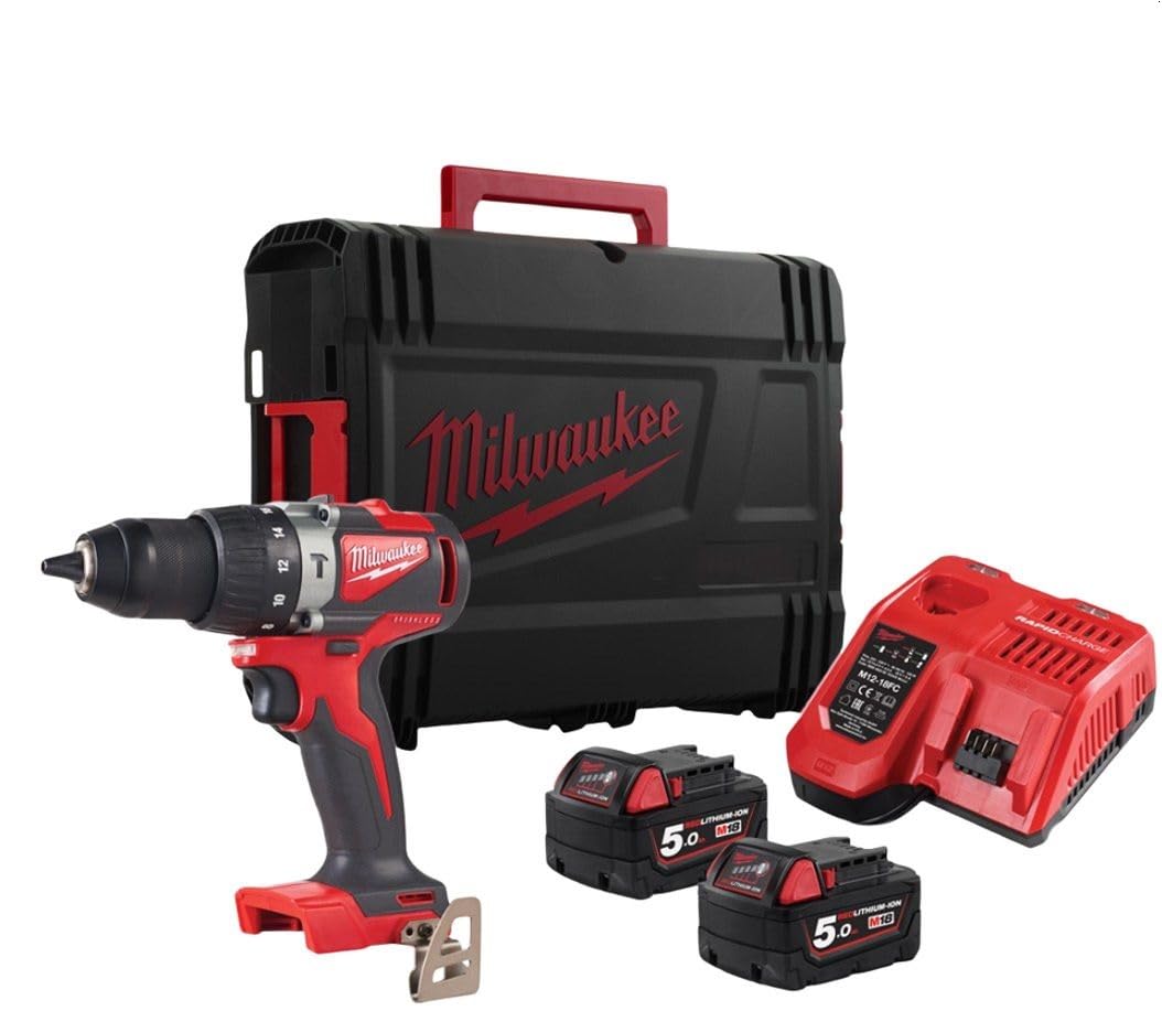 Milwaukee Red, Black M18 Blpd2 18V Brushless Combi Drill With 2X 5.0Ah Batteries, Charger & Case