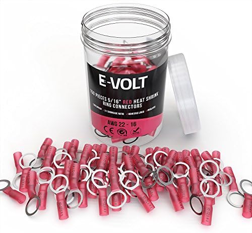 E-VOLT Heat Shrink Crimp Connectors – 150 PC Red Adhesive Tube 5/16” Electrical Waterproof Ring Connector for 22-16 AWG | Industrial Grade Bulk Electrical Terminals for Automotive, Marine and Audio