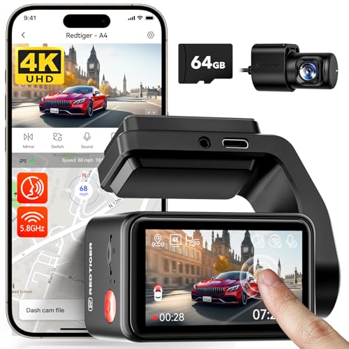 Image of REDTIGER 4K+1080P Front and Rear Dash Cam for Car, 5.8GHz WiFi APP, GPS, 2.2''Mini Touch Screen, Voice Control, Built-in 64GB Card, Loop Recording, 24H Parking Mode(A4)