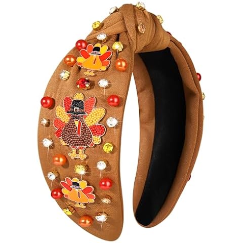 NVENF Thanksgiving Headband for Women Beaded Turkey Fall Headband Accessories Jeweled Pearl Rhinestone Knotted Headband Autumn Fall Thanksgiving Hair Accessory Outfits Holiday Gifts (Turkey 4) Cover