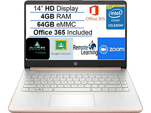 2021 Newest HP Stream 14 HD SVA Laptop Computer, Intel Celeron N4000 Processor, 4GB RAM, 64GB eMMC Flash Memory, Office 365, HDMI, USB-C, Windows 10, Rose Gold, AllyFlex MP, Online Class
