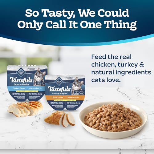 Image of Blue Buffalo Tastefuls Savory Singles Variety Pack, 2.6 oz, 12 ct | Wet Cat Food in Gravy, Twin-Pack Trays, Chicken /Turkey Entrees, Perfectly Portioned