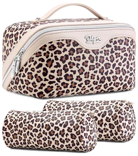 BOYATU Travel Makeup Bag for Women: 3 Pcs Set Portable Make up Bags with Handle - Leopard Print Cosmetic Bags with Comparments - Waterproof Vegan Leather Toiletry Bag (A-1-Beige)