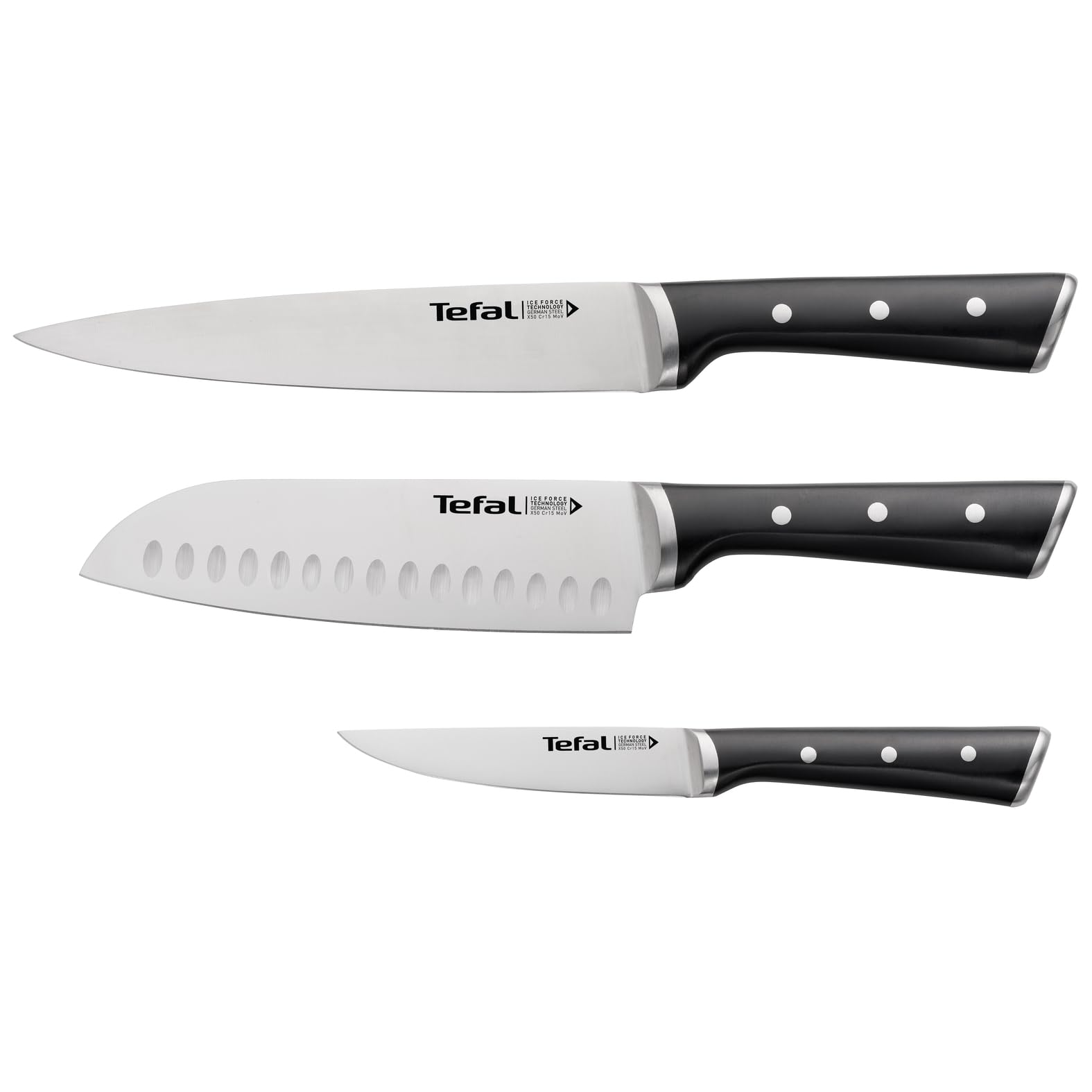 Tefal Ice Force 3-teiliges Messerset, Fleischmesser 20 cm, Santokumesser 18 cm, Universalmesser 11 cm, deutscher Edelstahl, lang anhaltende Schneidleistung und Schärfe, Edelstahl/Schwarz, K232S374