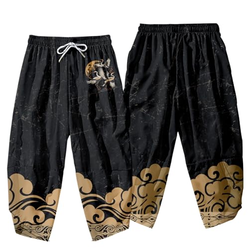 Image of DOSLAVIDA Men's Japanese Kimono Cardigan Suit Chinese Style Printed Jacket Pants Set Open Front Seven Sleeve Top & Shorts