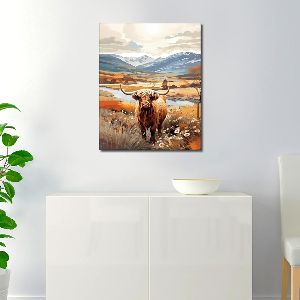 DIY Rahmen Malen nach Zahlen Erwachsene mit Pinseln Hochland Kuh Öl Hand Malen Tiere Erwachsene Malen nach Zahlen Landschaft Malen nach Zahlen Kits auf Leinwand 40 x 50 cm