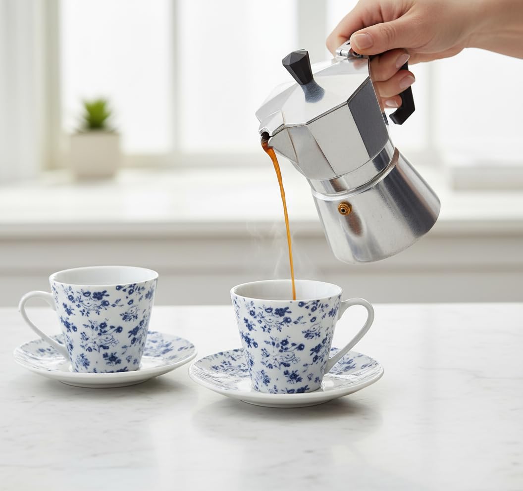 Service à café 6 petites tasses 90 ml avec assiette, céramique blanche avec fleurs bleues vintage, passe au lave-vaisselle et au micro-ondes, pour invités de fête