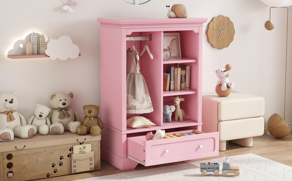Bnyifoqi Open Children's Wardrobe with a Hanging Rod and Open Shelves, one Large Drawer, Low Design Close to The Ground for Easy Access,Pink. (Pink)